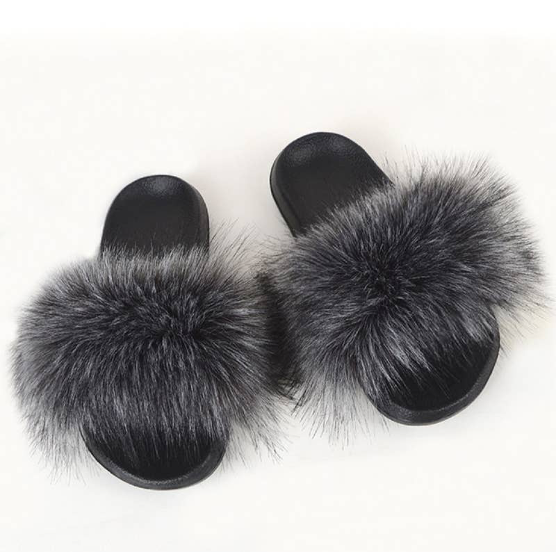Grey/Black Furry Slides
