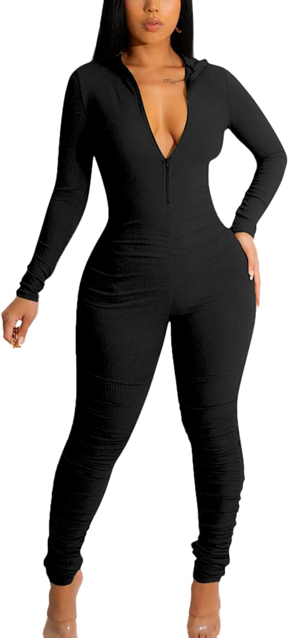 Black Front Zip Ribbed Jumpsuit