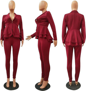 Wine Ruffles Pant Suit