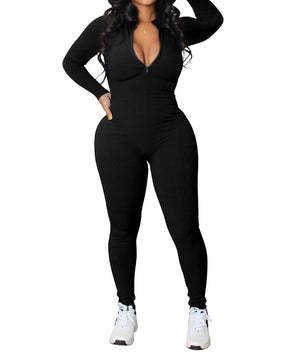 Black Front Zip Ribbed Jumpsuit