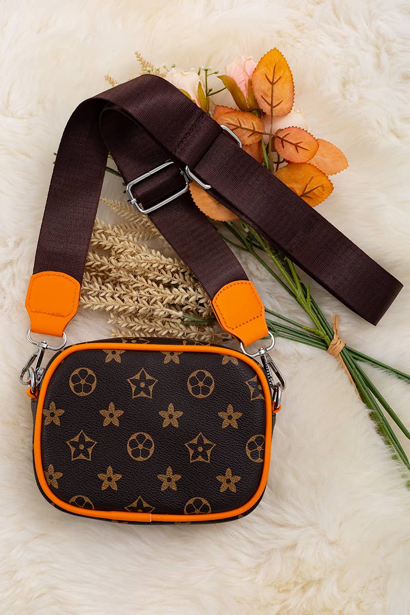 Wide Strap Orange/Brown Star Print Purse