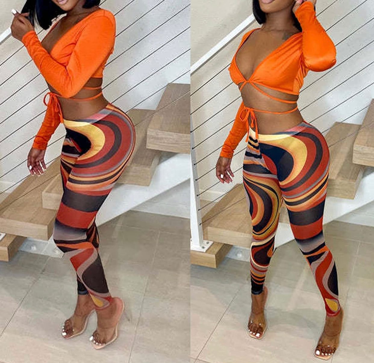 Orange Mesh Bodycon Set