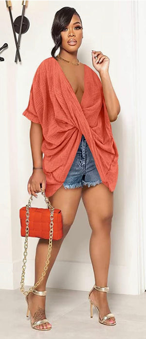 Orange Deep V Twist Blouse