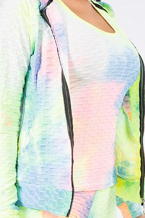 Tie Dye Textured Leggings and Sports Bra w/ Jacket