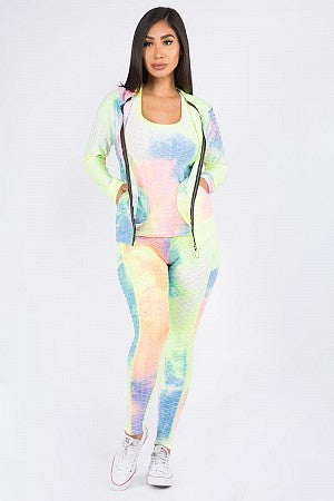 Tie Dye Textured Leggings and Sports Bra w/ Jacket