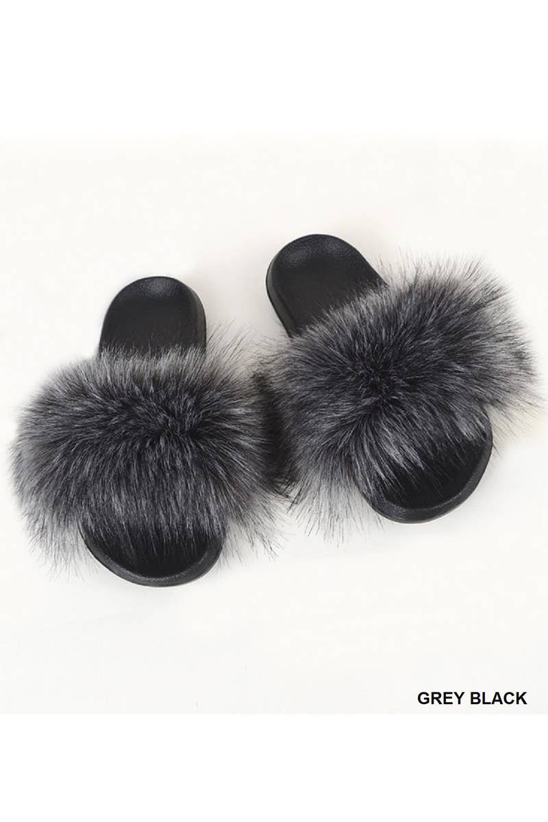 Grey/Black Furry Slipper Slides