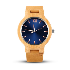 Men's Blue Face Wooden Case With Leather Band Wrist Watch