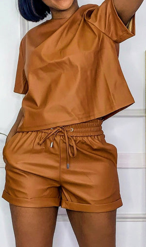 Sweet Carmel Vegan Leather top & shorts 2pc set