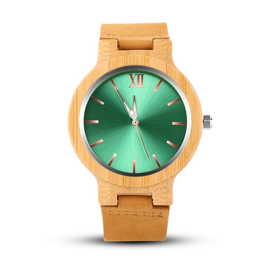 Men's Green Face Wooden Case With Leather Band Wrist Watch