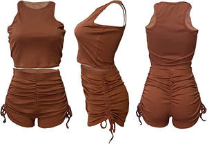 Brown Ribbed Racerback Short Set