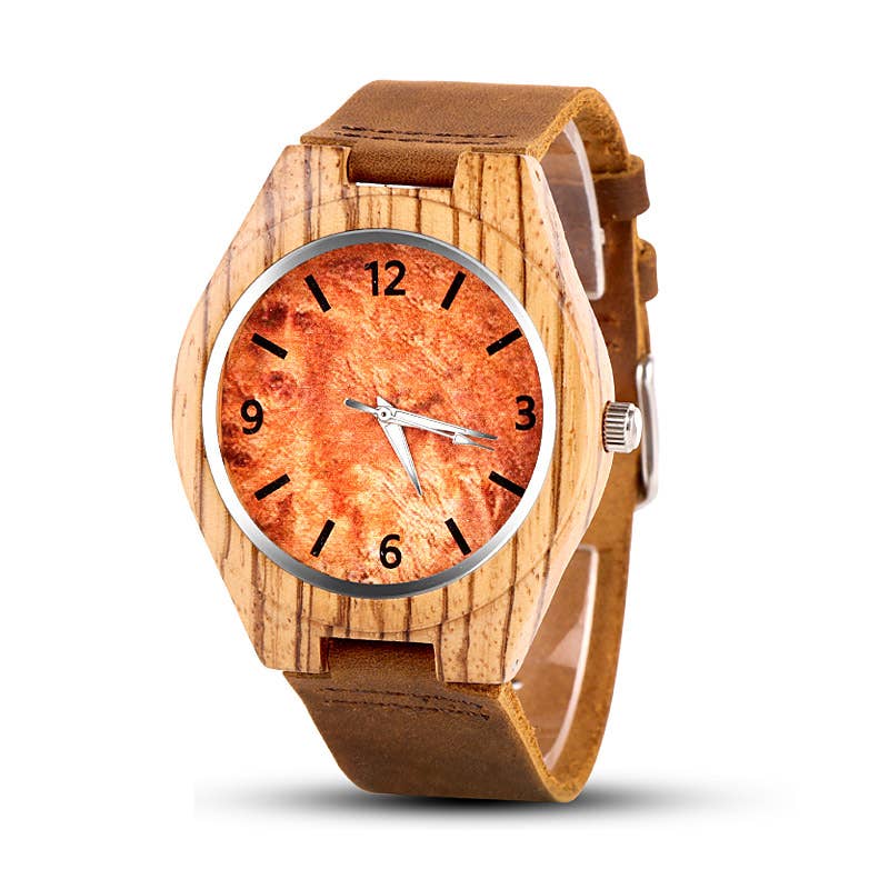 Men's Wooden Case With Leather Band Wrist Watch