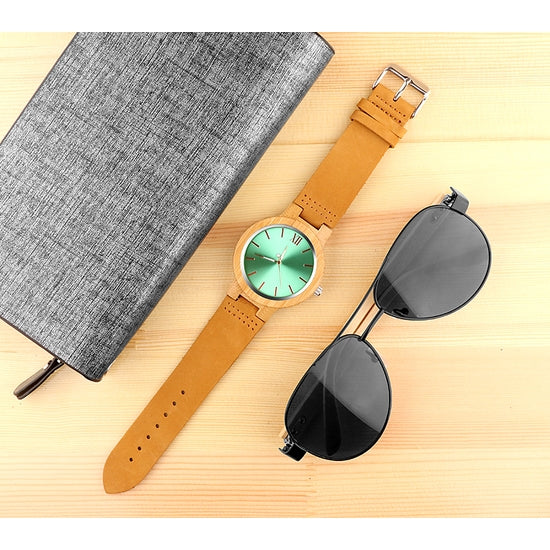 Men's Green Face Wooden Case With Leather Band Wrist Watch