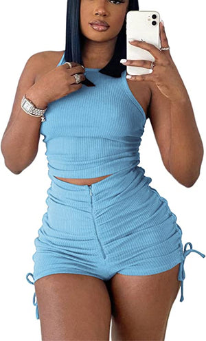 Blue Ribbed Racerback Short Set