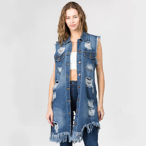 Women's Long Boyfriend Distressed Denim Jacket