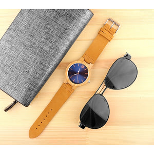 Men's Blue Face Wooden Case With Leather Band Wrist Watch