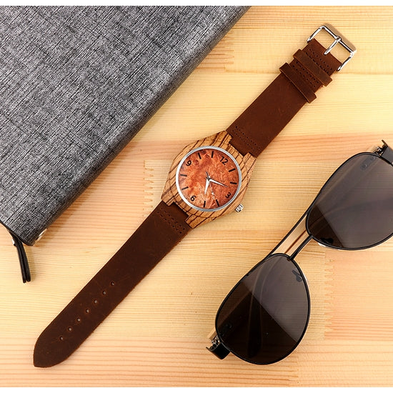 Men's Wooden Case With Leather Band Wrist Watch