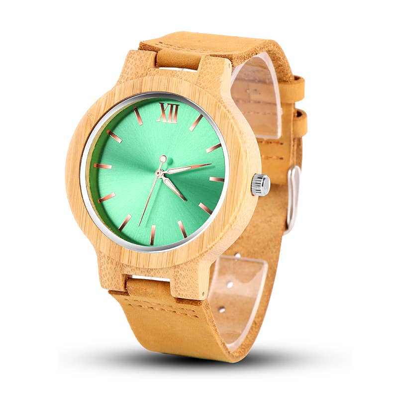 Men's Green Face Wooden Case With Leather Band Wrist Watch