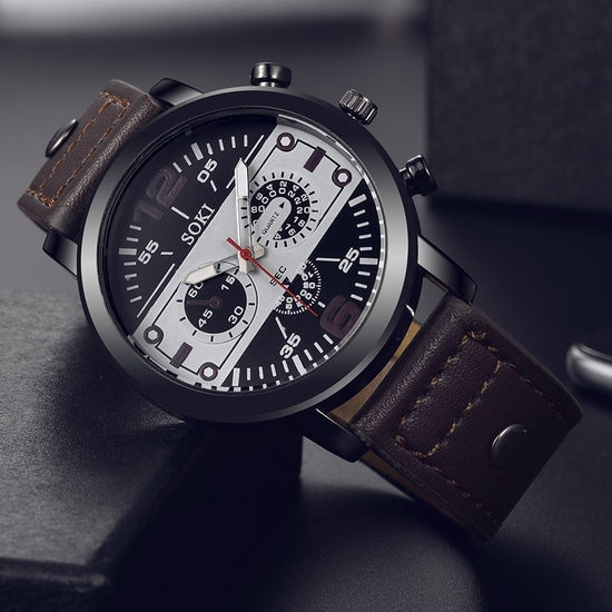 SOKI Luxury Brand Men Military Leather Strap Watch