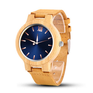 Men's Blue Face Wooden Case With Leather Band Wrist Watch