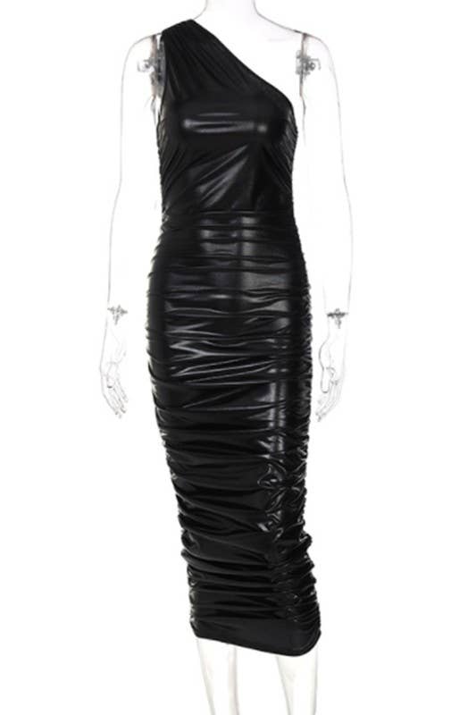 One Shoulder Faux Leather Dress