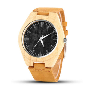 Men's Black Face Wooden Case With Leather Band Wrist Watch