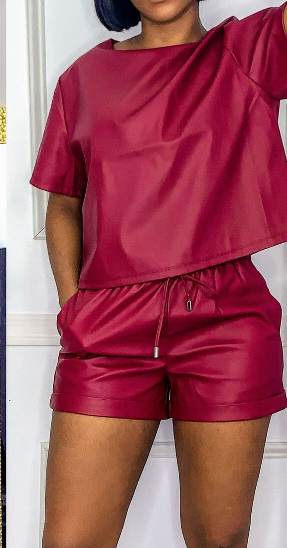 Drama Red Vegan Leather Short Set