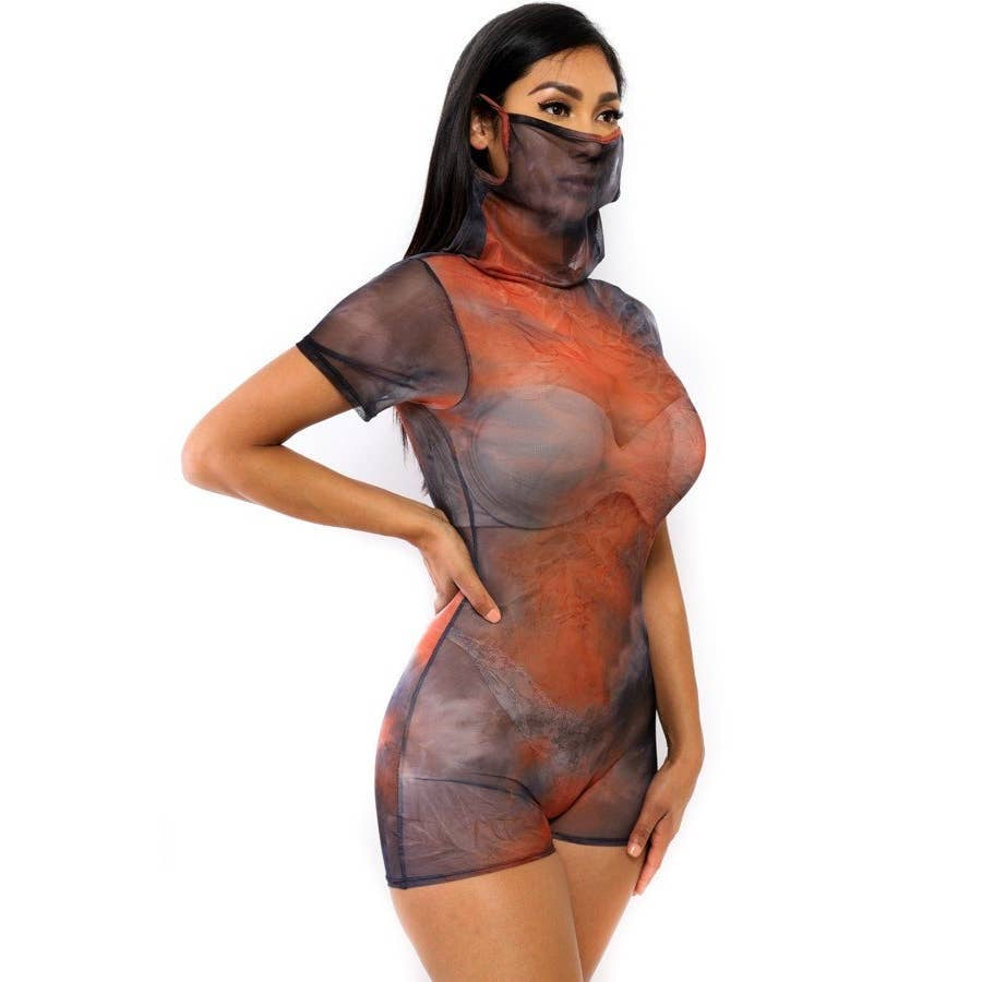 Orange-Grey Tie Dye Mesh Romper