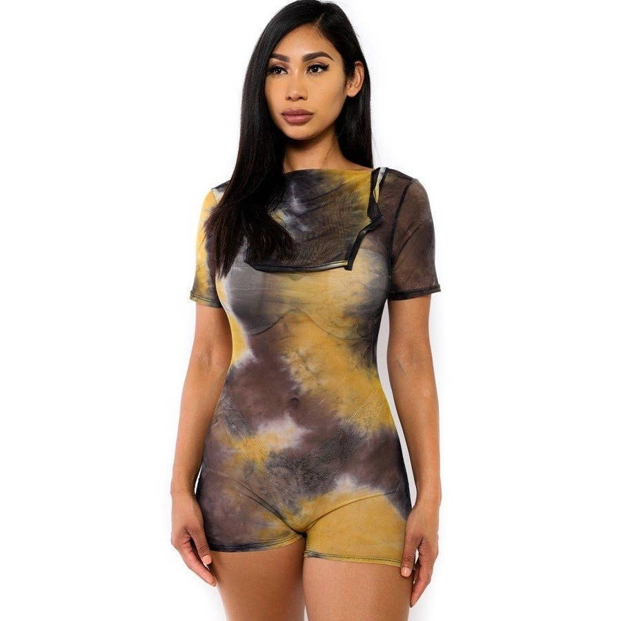 Yellow Tie Dye Mesh Romper