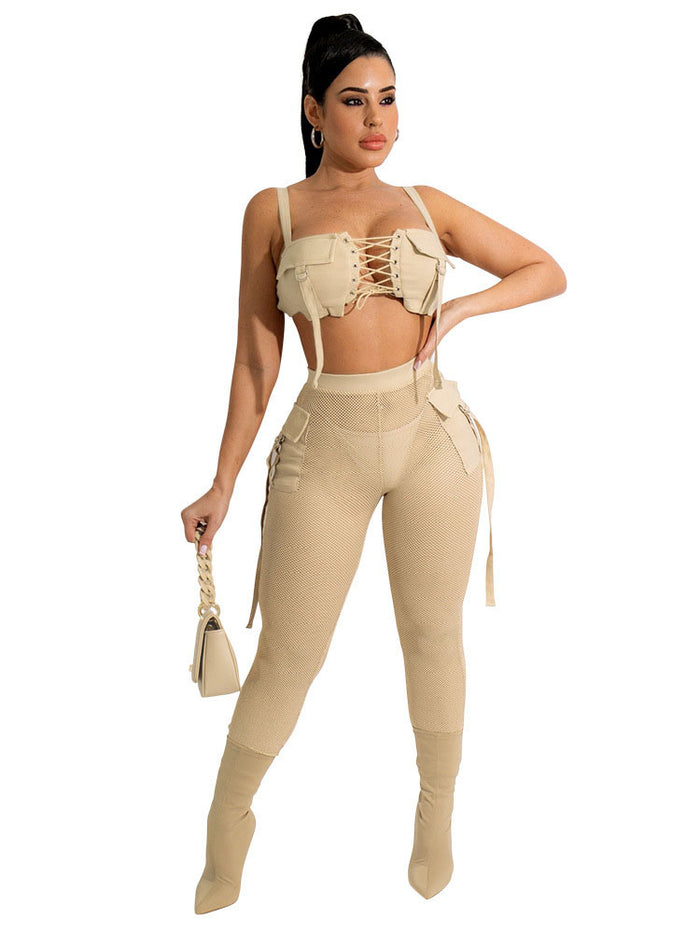 Beige Tank Top & Mesh Pant Set