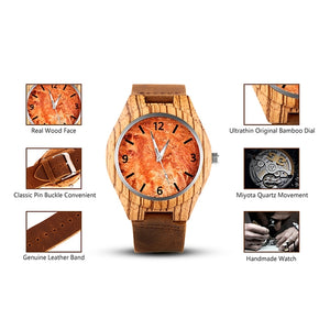 Men's Wooden Case With Leather Band Wrist Watch