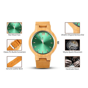 Men's Green Face Wooden Case With Leather Band Wrist Watch