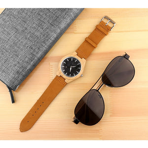 Men's Black Face Wooden Case With Leather Band Wrist Watch