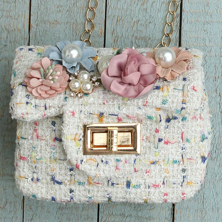 Ivory Tweed Flower Purse