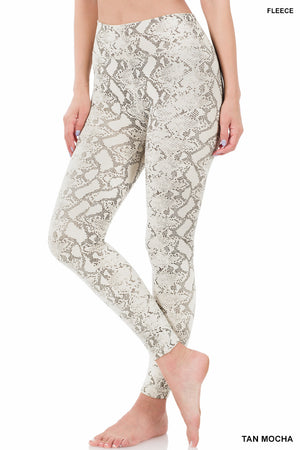 Snake Print Fleece Leggings- Tan Mocha