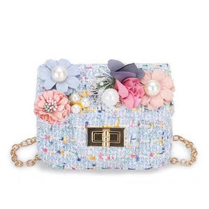 Blue Mini Tweed Pearly Florals Crossbody