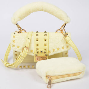 Yellow Faux Fur Clear Studded Bag