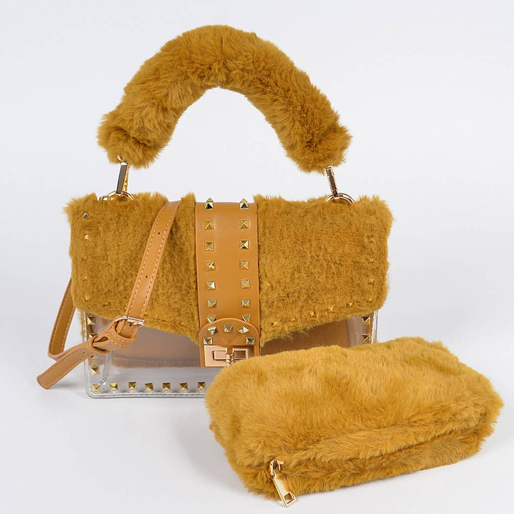 Brown Faux Fur Clear Studded Handbag