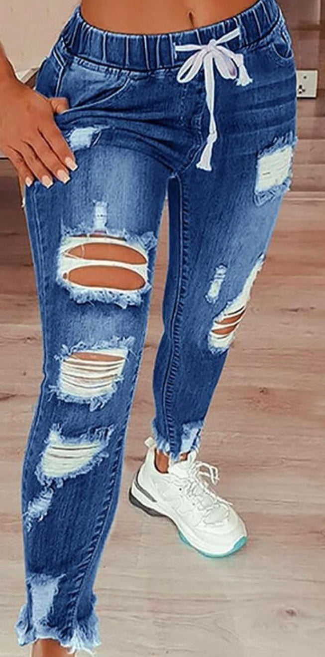 Distressed Denim Plus Joggers with Drawstrings