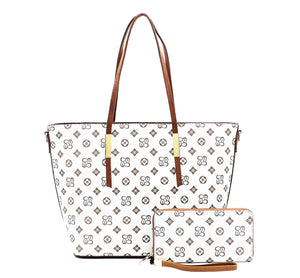 Ivory / Tan Monogram Tote Bag and Wallet Set