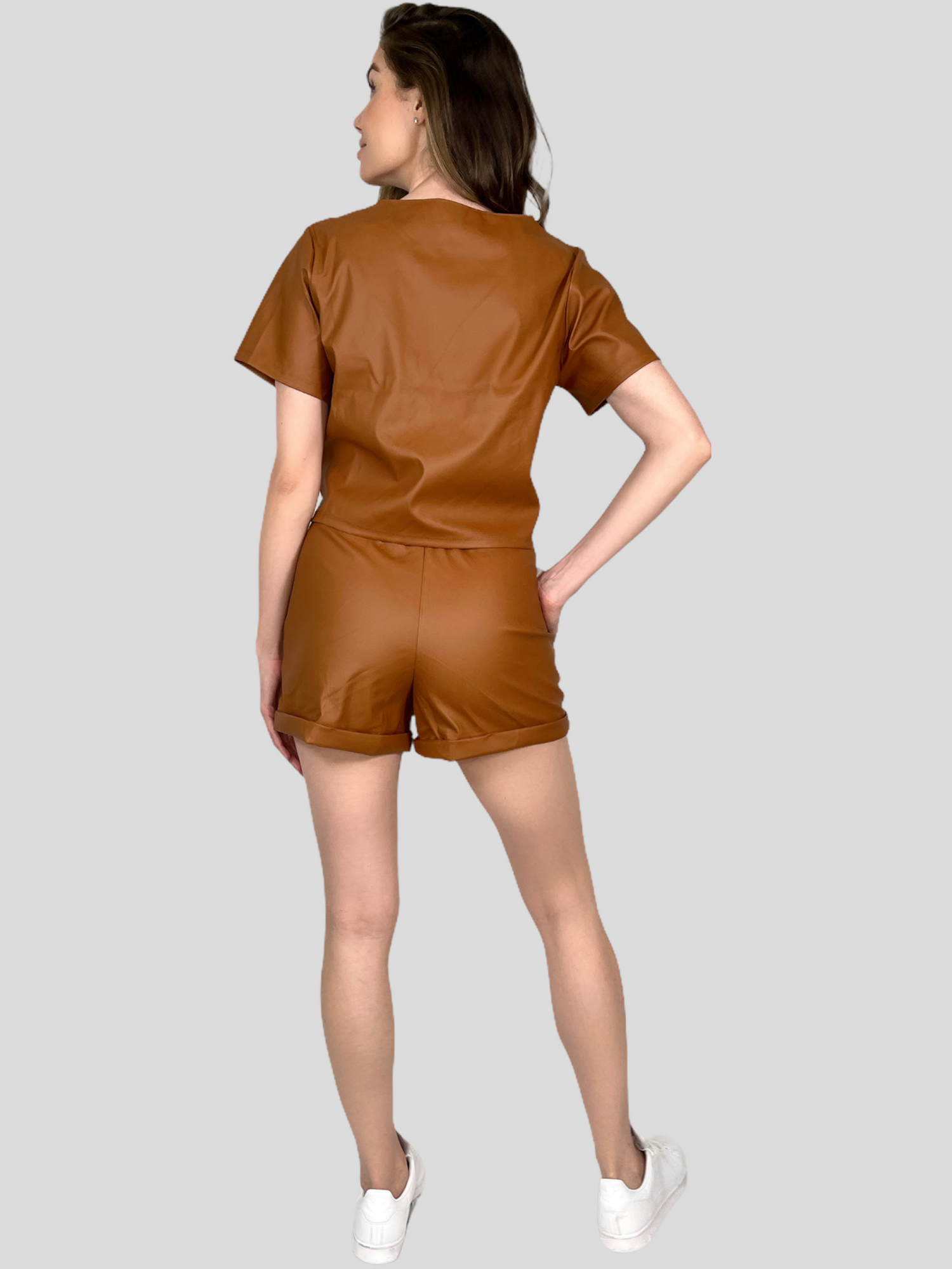 Sweet Carmel Vegan Leather top & shorts 2pc set