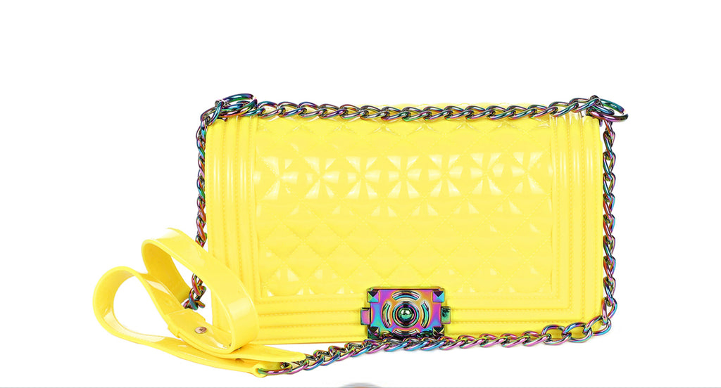 Neon Yellow Glossy Diamond Pattern Jelly Crossbody