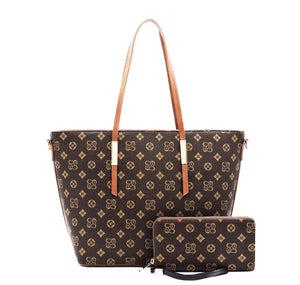 Brown / Tan Monogram Tote Bag and Wallet Set