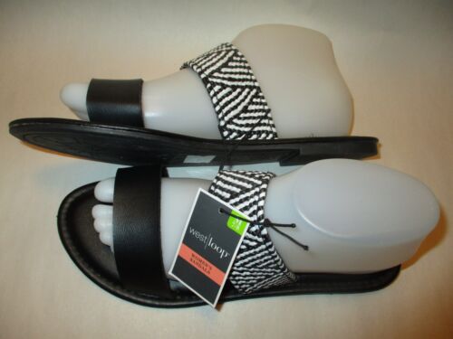 Black & White Strap Flat Sole Slide Sandals