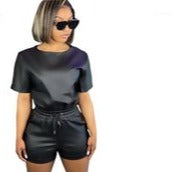 Black Vegan Leather Top & Shorts 2pc Set